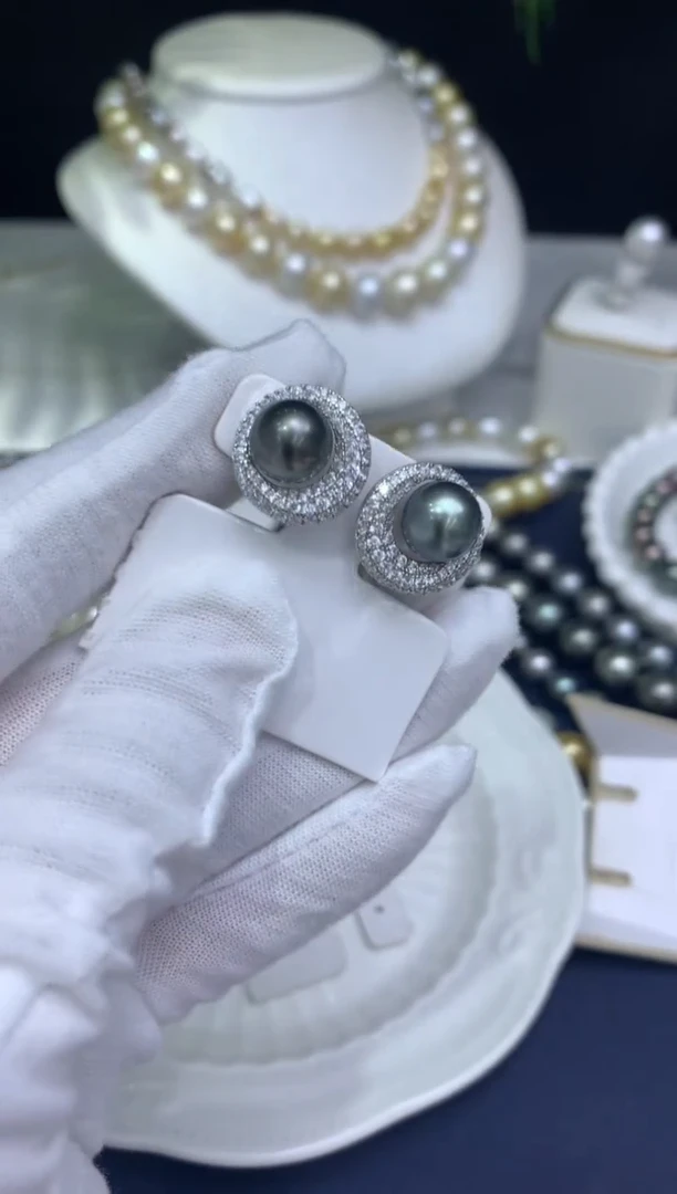 银S925镶嵌海水珍珠耳饰9-10mm大溪地耳饰