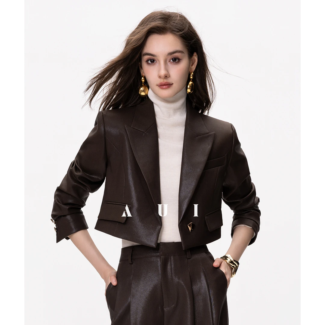 aui复古棕气质套装女2025秋冬新短款西装通勤显高阔腿裤25W040841