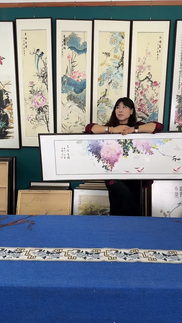 国画紫气东来实木装裱48*163