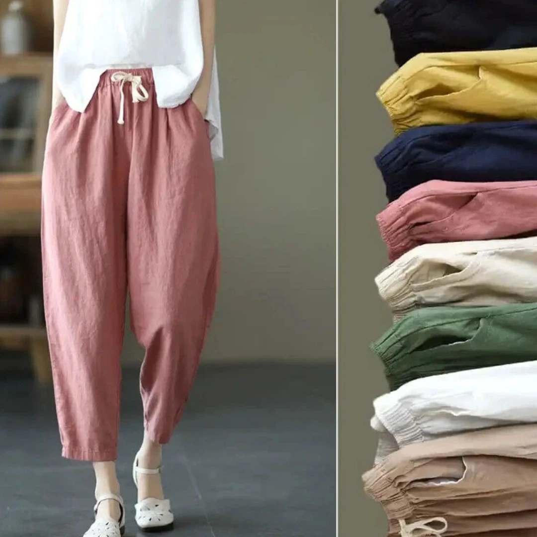 【现货+运费险】棉麻裤子松紧腰宽松休闲裤复古显瘦系带萝卜Y554