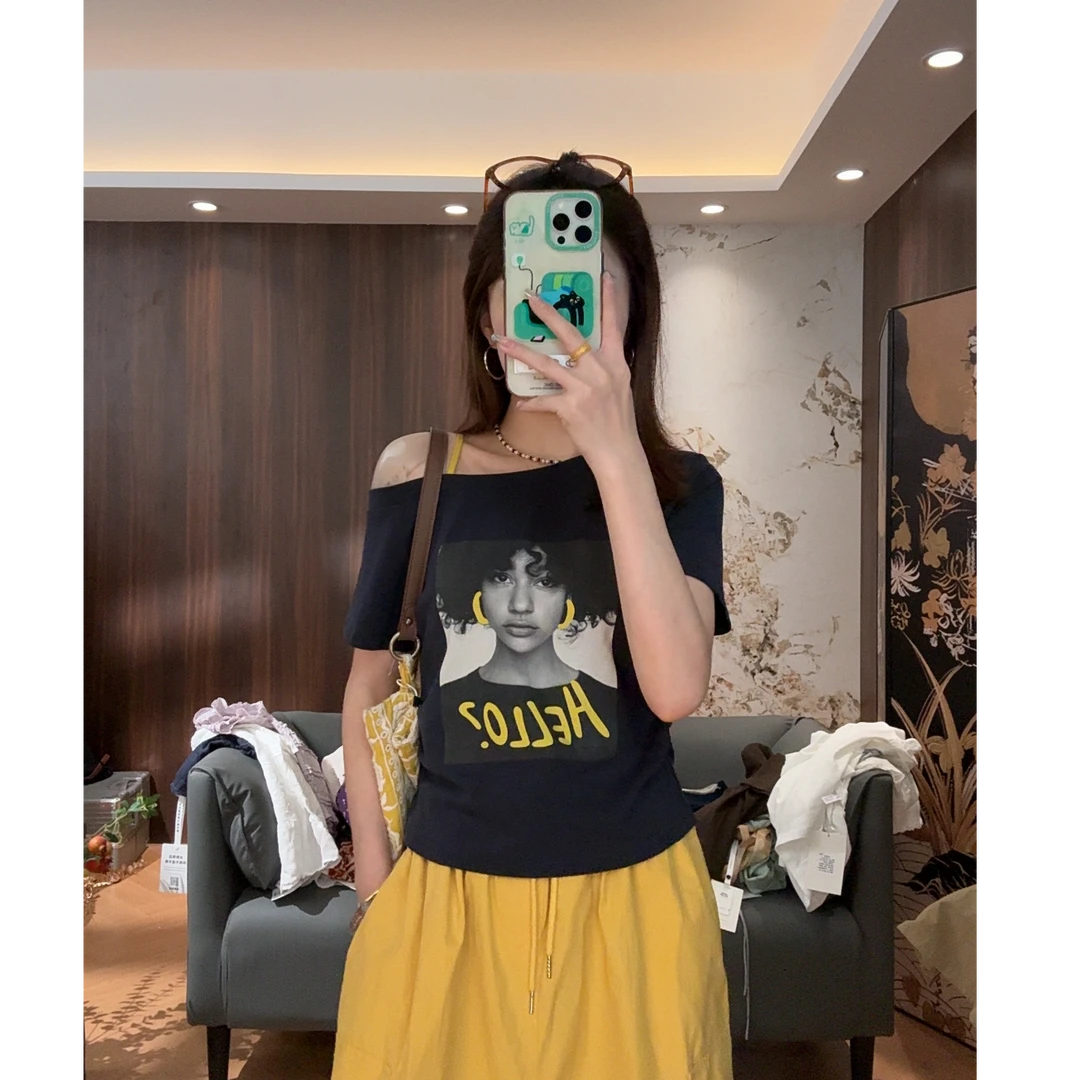 【LIbaibai】夏装2025年新款宽松显瘦露肩短袖T恤上衣BB-2187