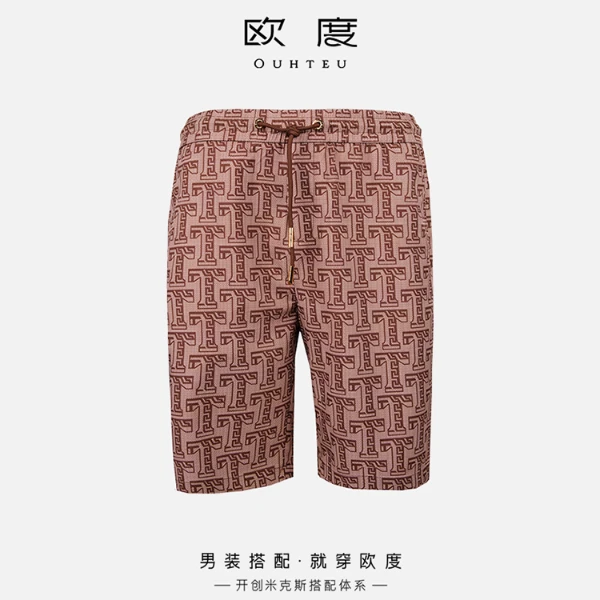 OUHTEU/欧度ONA夏季男士印花字母LOGO休闲短裤棕色7522&0008