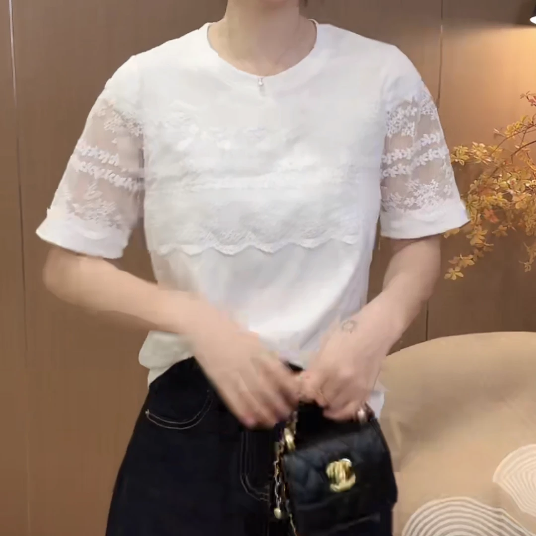 设计感时尚镂空拼接气质短袖2025夏季新款重工百搭宽松通勤上衣