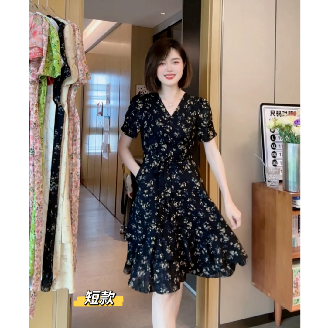 大H【碧月羞花】时尚黑气质V领小个子碎花法式收腰显瘦印花女连衣裙