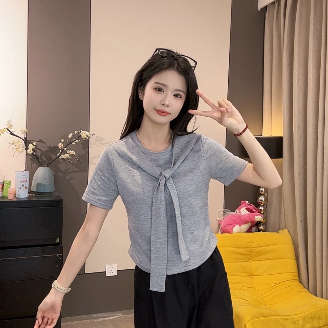 蔡小姐韩系时尚设计感披肩短袖t恤女夏季新款绝美纯色圆领小上衣