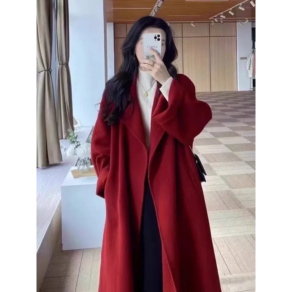 双面绒大衣双面毛呢外套宽松系带浴袍长款秋冬羊毛加厚9859