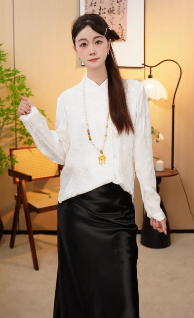 【凤锦司】2025秋季新款立领开门襟提花新中式衬衫807