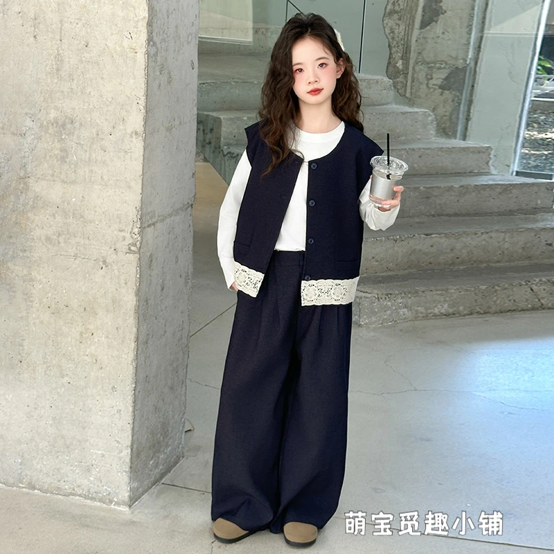 2025秋季新款女童韩版时尚洋气牛仔花边长袖马甲阔腿裤三件套潮流