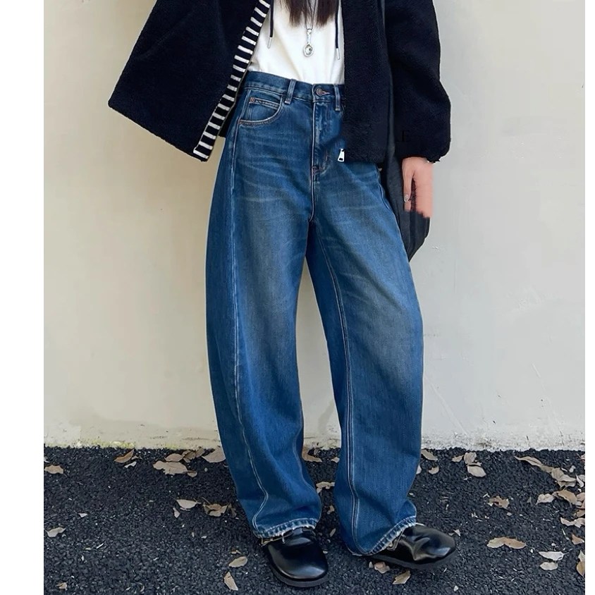 SU【812】代A9  愫玥  暖丝绒阔腿裤女冬镰刀裤蓝色无弹高腰弯刀裤