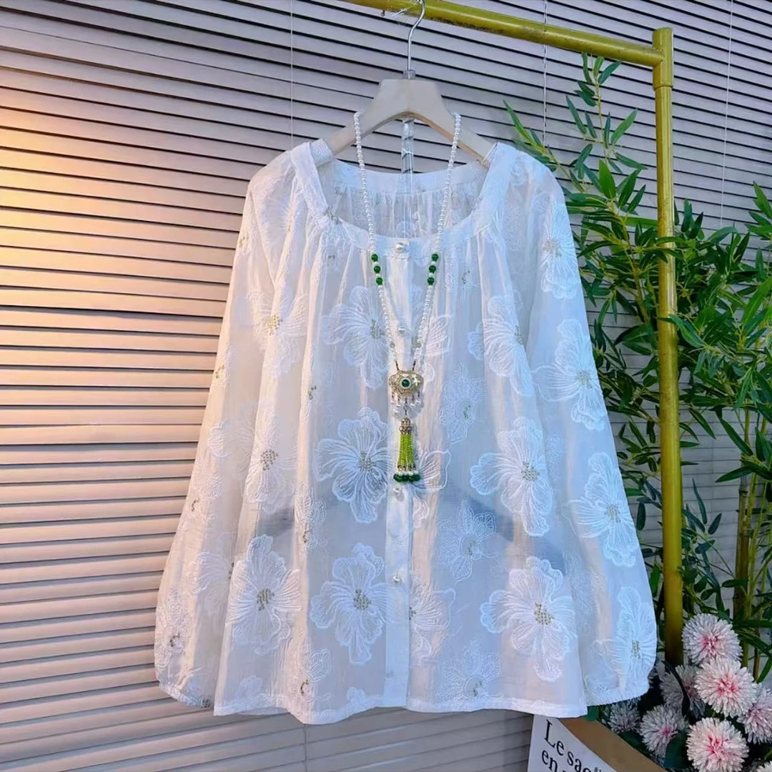欧货时尚韩版大衫方领提花刺绣款宽松遮肉设计感气质上衣（衣长66）