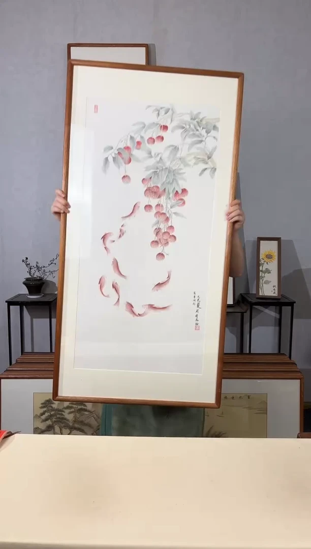 国画手绘*万事顺利（九鱼图）*62*122cm带框发货