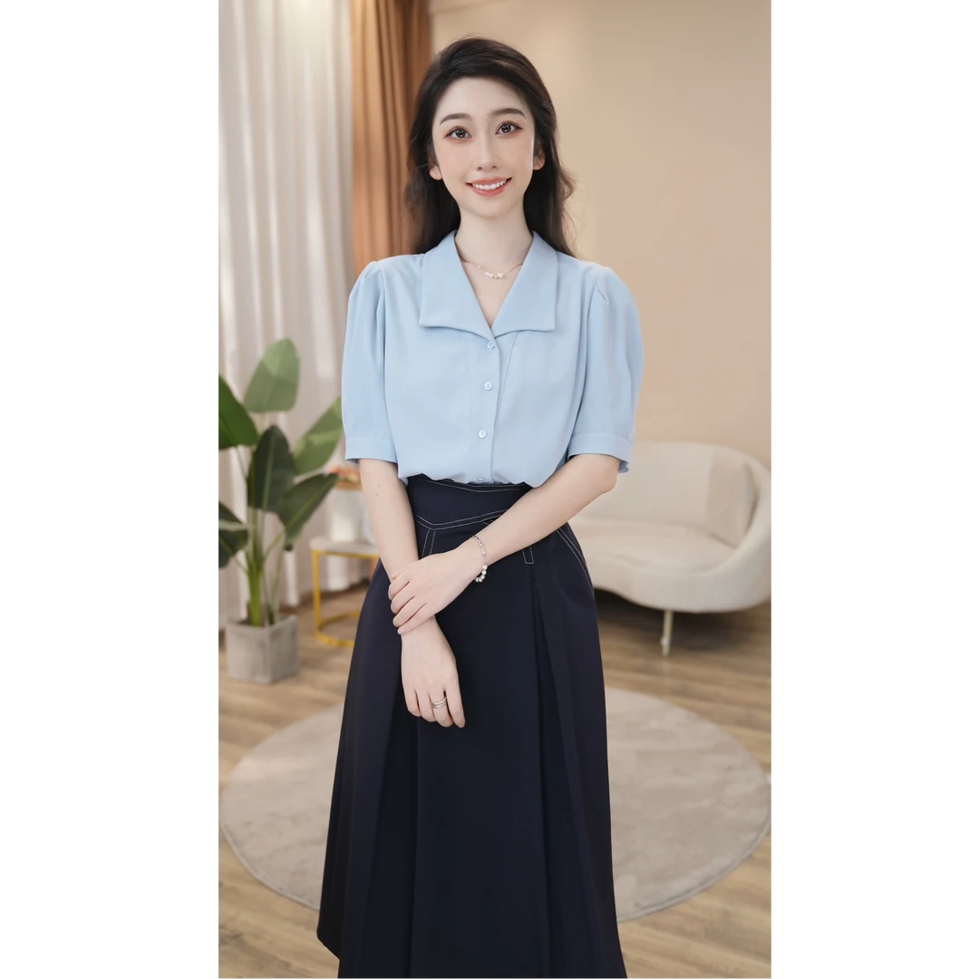 【曼贝】气质风定制款百搭短袖衬衫女时尚设计感8592498【甜甜】