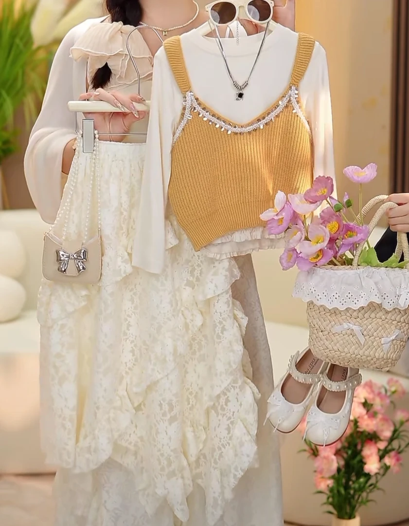 【米小逗】春夏新款女童洋气马甲打底衫女宝百搭仙气长裙 M8556