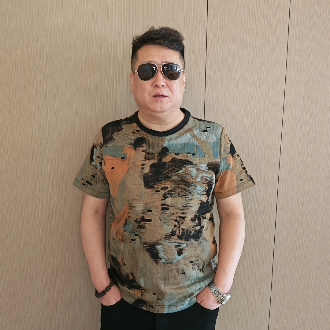 大码男士时尚透气潮流圆领夏季休闲男印花 t恤半袖大码男装户外DJ
