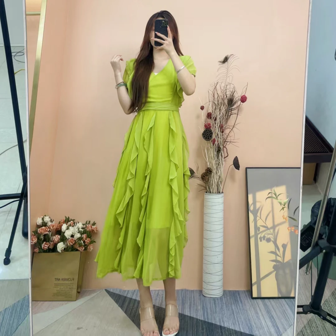 [依易原创]法式轻熟甜美气质雪纺荷叶边仙女长款连衣裙D0618