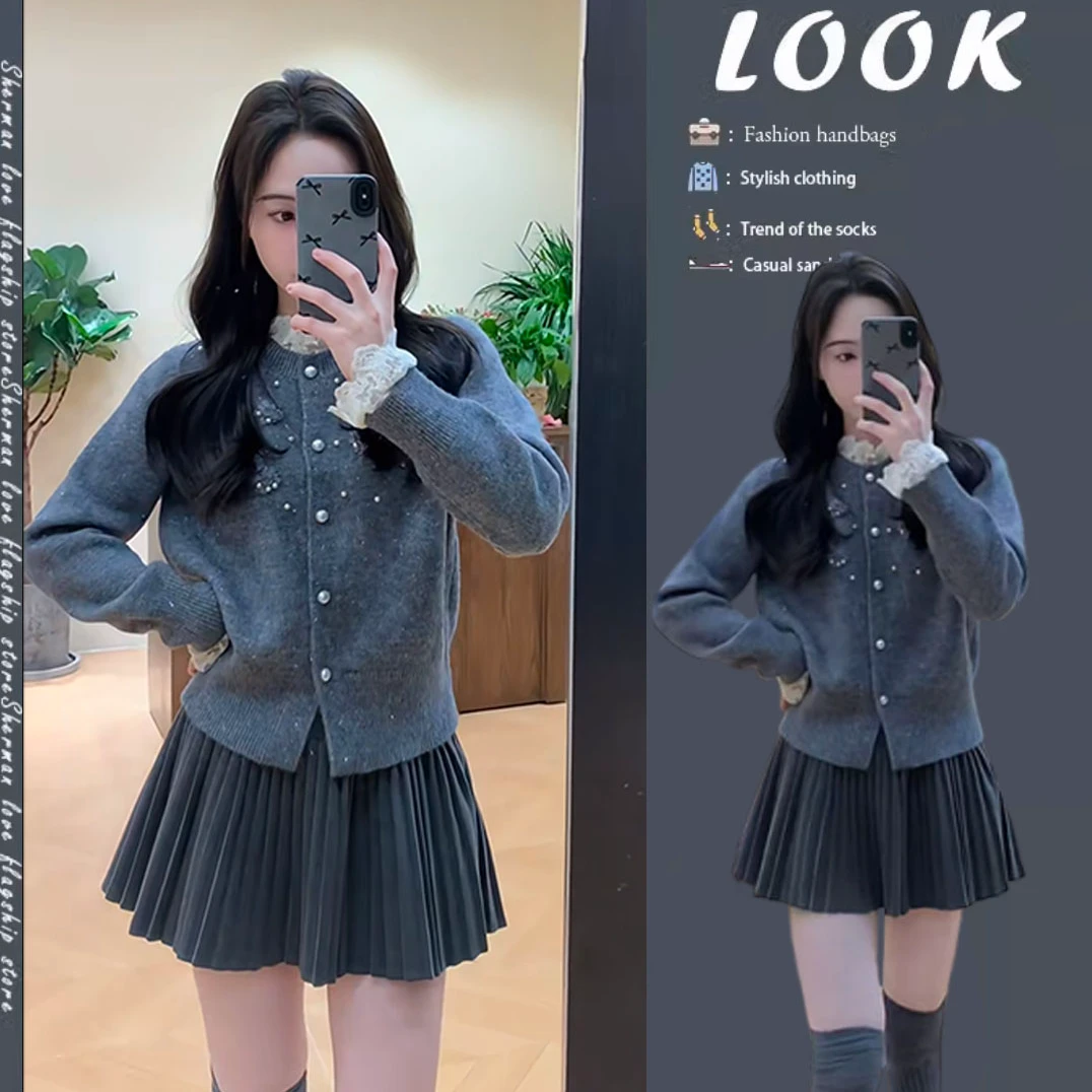 温柔穿搭女2025新款小香风气质蕾丝花边圆领软糯毛衣半身裙两件套