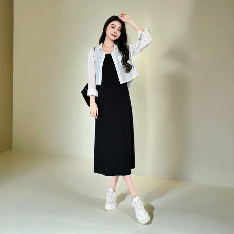 桃子西无袖吊带连衣裙无袖小黑裙显瘦长裙背心裙宽松裙子大码