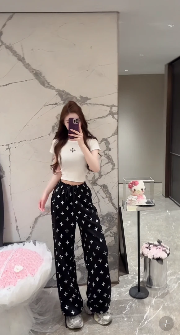 李馨儿【黑星空休闲裤】春夏休闲阔腿设计师时尚百搭宽松韩版裤