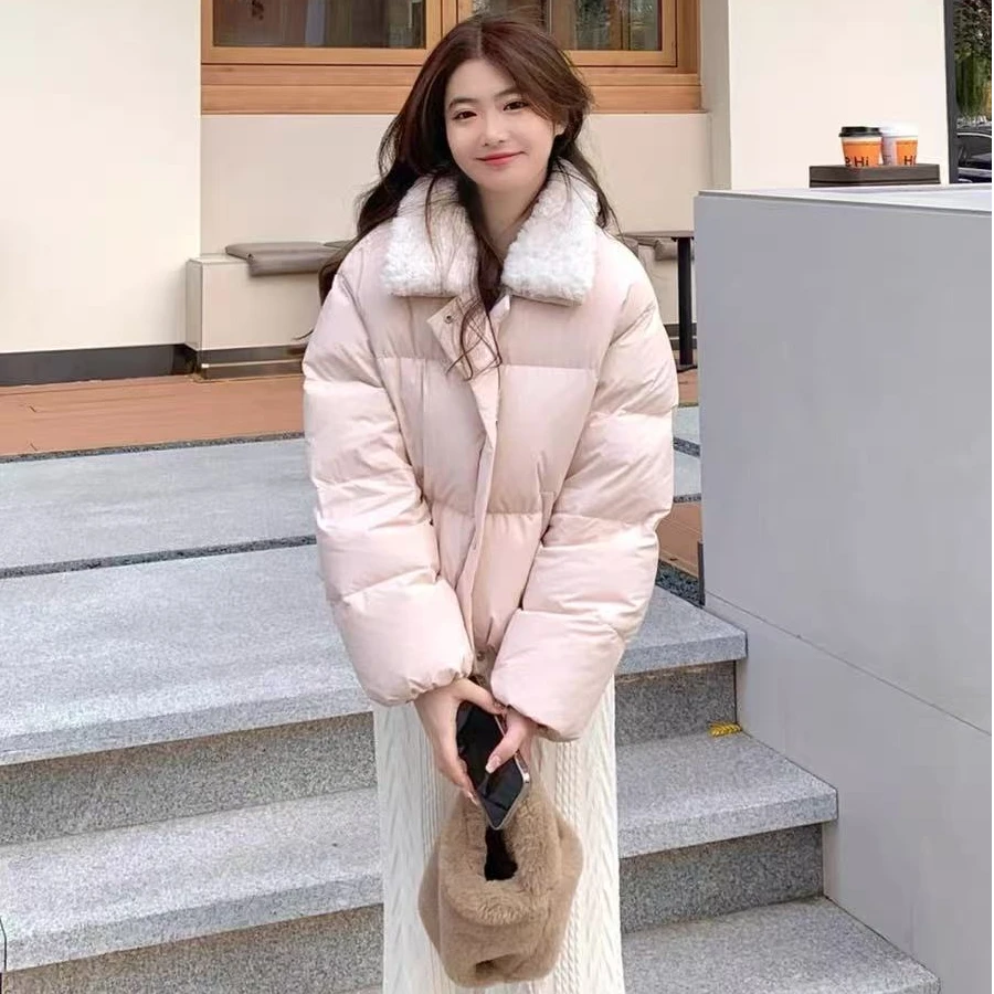 羊羔毛翻领粉色短款棉服外套女2025冬季新款小个子宽松加厚面包服