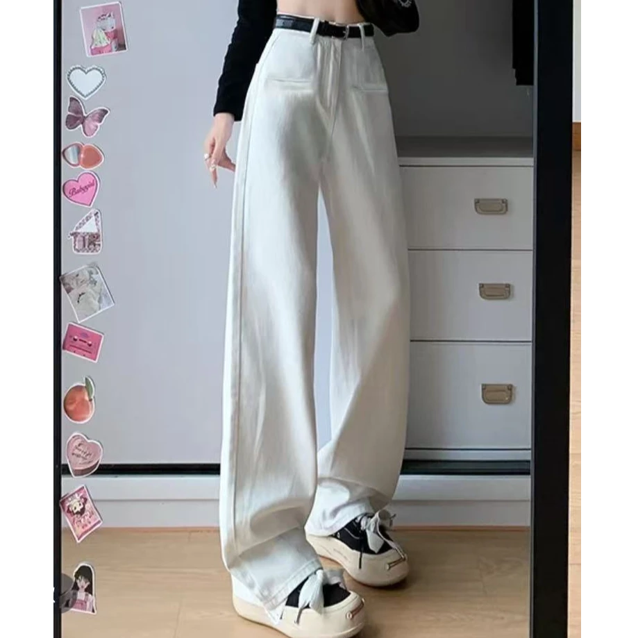 【四夕416】春秋休闲白色显瘦高腰垂感拖地裤厚款牛仔阔腿喇叭裤