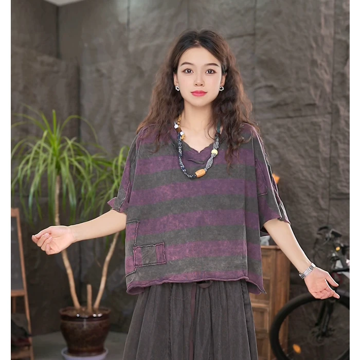 LL条纹短袖t恤夏季宽松T恤百搭炒色复古短款上衣（衣长55cm左右）