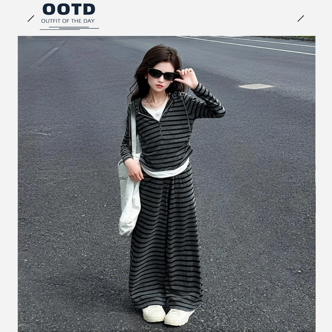 女童秋装条纹卫衣套装2025新款女大童韩系假两件儿童春秋款阔腿裤