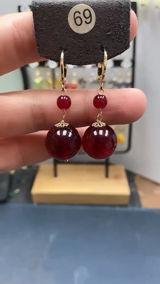 血珀银S925镀金镶嵌耳饰尺寸16mm耳扣D1