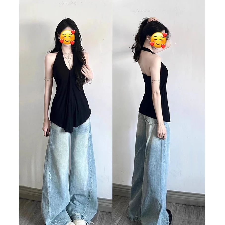 黑色V领挂脖吊带背心女夏季露背设计感小众纯欲辣妹性感无袖上衣