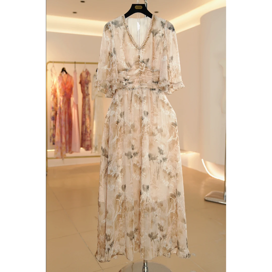 【娟专属】A030奶咖色袖子玫瑰夏季法式修身显瘦气质优雅连衣裙