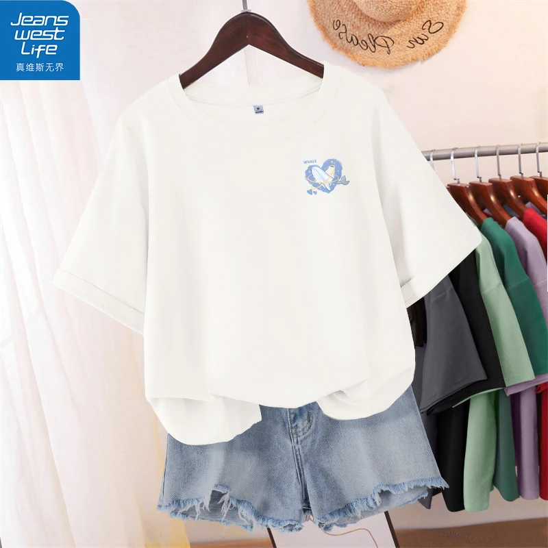 真维斯无界夏季纯色印花款百搭宽松纯棉短袖T恤设计感休闲女上衣