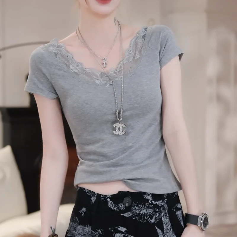 2025时尚百搭性感蕾丝拼接短袖t恤宽松显瘦夏季新款上衣LK2502871