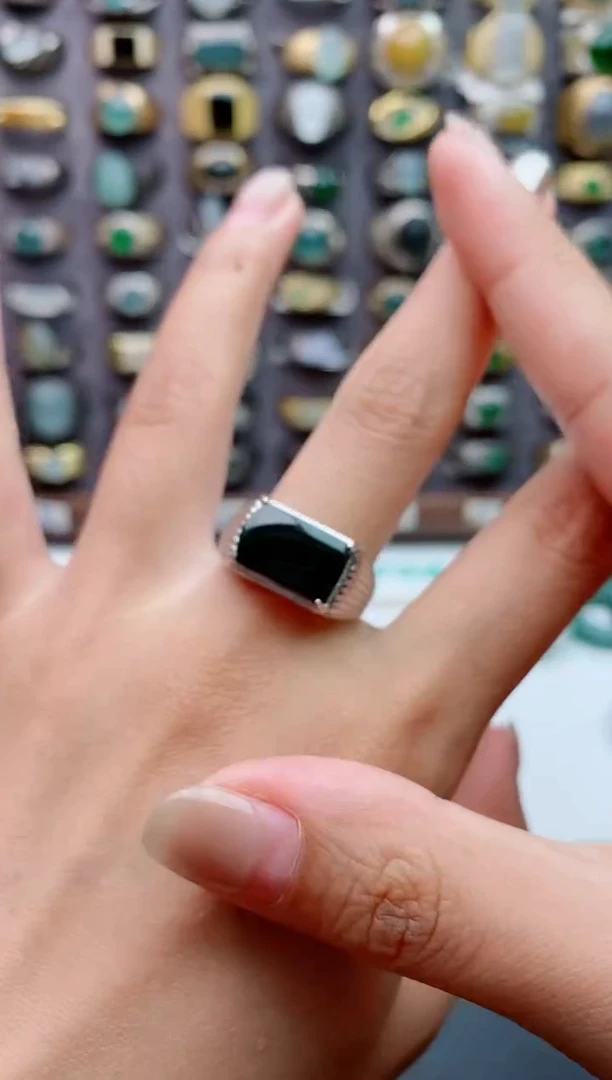 银S925镶嵌戒指翡翠天然翡翠男戒