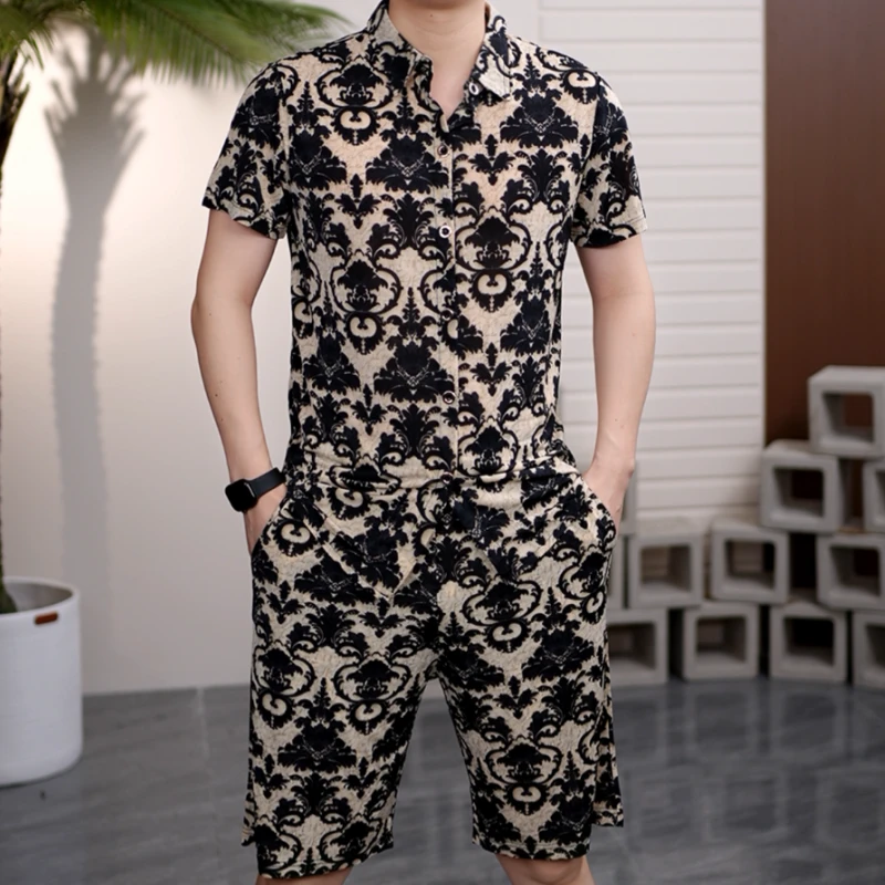 2025夏季男士欧货半袖翻领纽扣牛奶丝花纹轻奢T恤短裤套装TZ8669