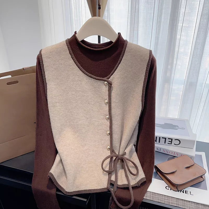 Nalian/拿恋豆子优选-叠穿针织马甲半高领显瘦打底衫套装 DZ99026