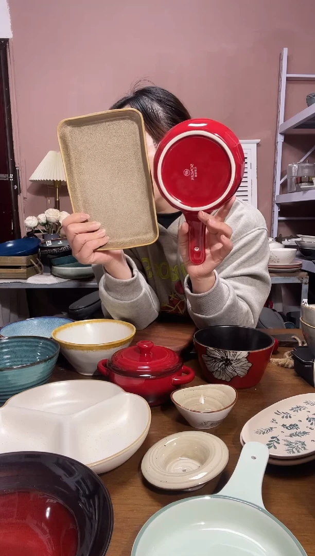 陶瓷微瑕（2个装）焦糖+红手柄盘