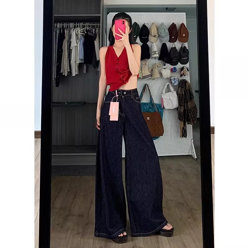 【现货+免费试穿】深蓝色直筒牛仔裤女夏季宽松阔腿裤复古拖地长裤