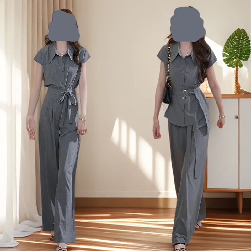 灰色套装女2025夏季新款收腰系带衬衫百搭长裤两件套