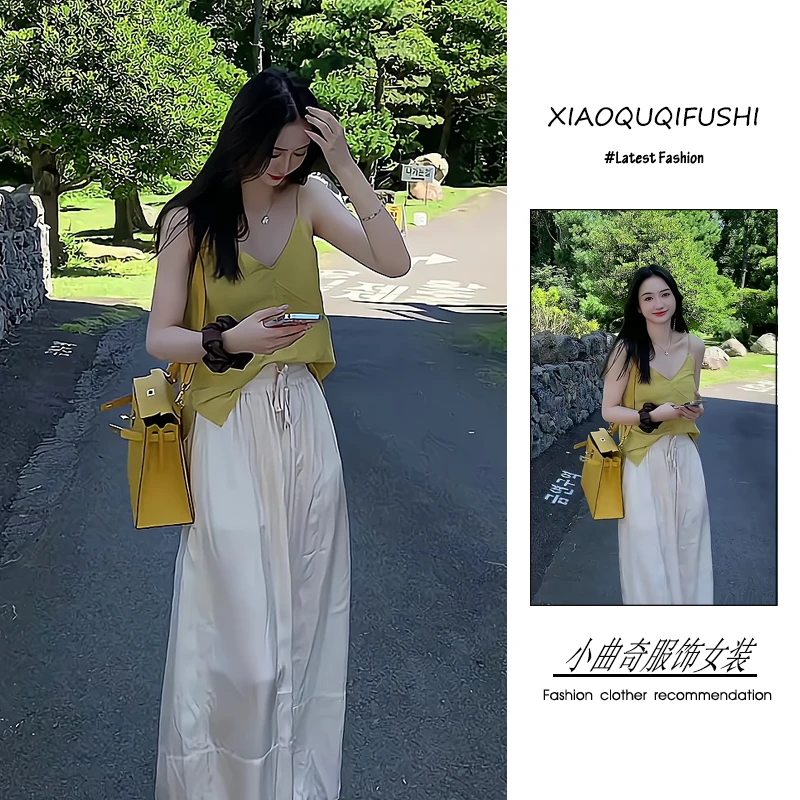 2025年夏季清新风凉快休闲套装女新款爆款超洋气吊带阔腿裤两件套