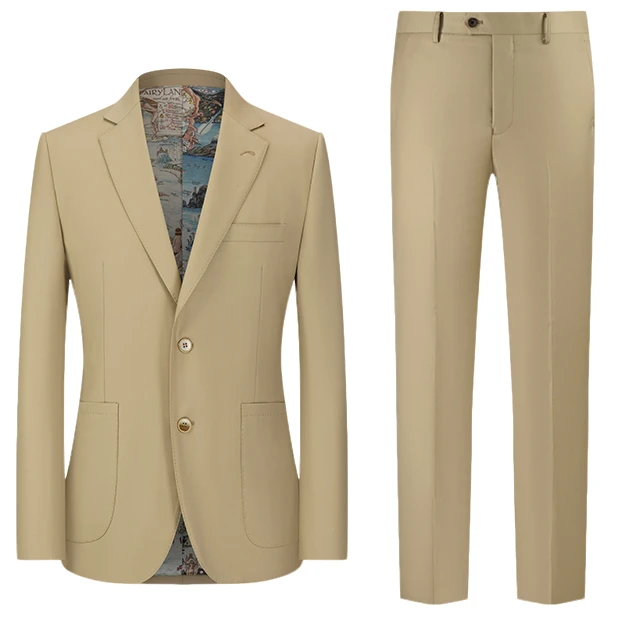 本派男士「半麻衬平驳领羊毛西装」春季卡其色商务休闲修身西服套装