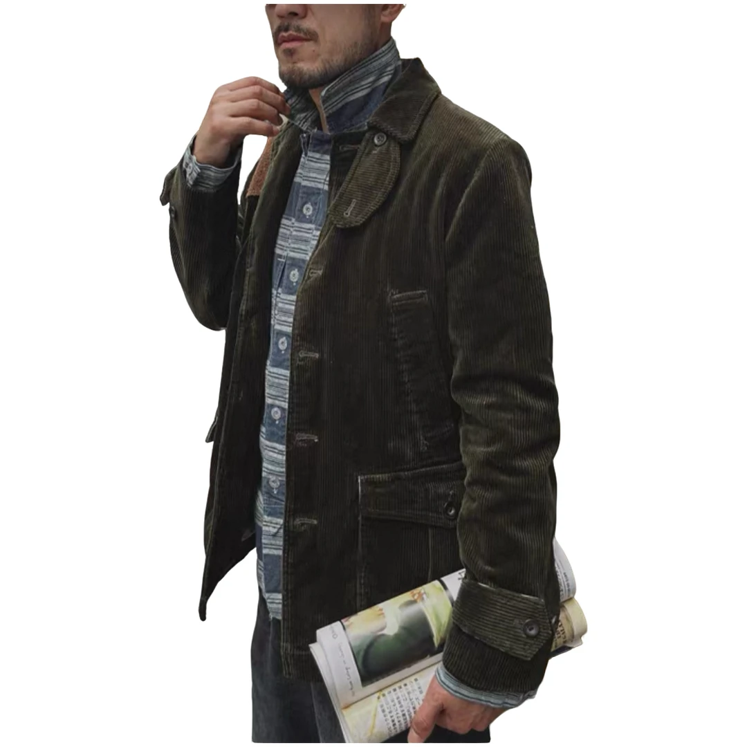 R  美式经典Corduroyhuntingjacket粗坑灯芯绒拼真皮夹克Y