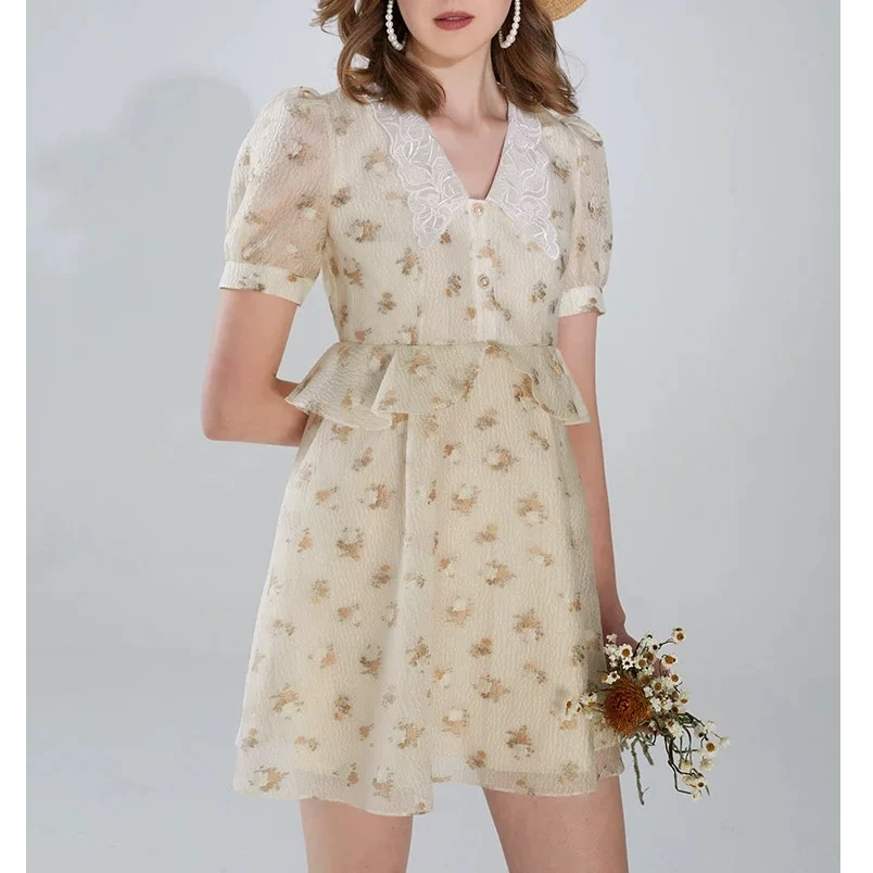 F1957-【微】法式碎花显瘦短袖雪纺连衣裙#ZIR56L055