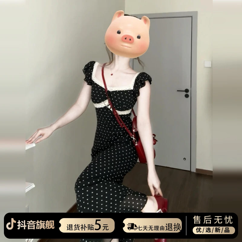 法式黑色方领波点连衣裙子女夏季2025新款小个子收腰显瘦包臀长裙