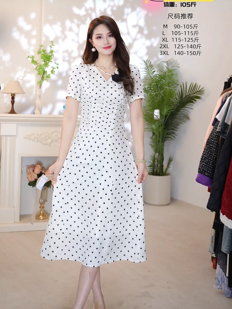 邓西西161-170夏季显瘦波点连衣裙法式复古气质宽松中长款裙子