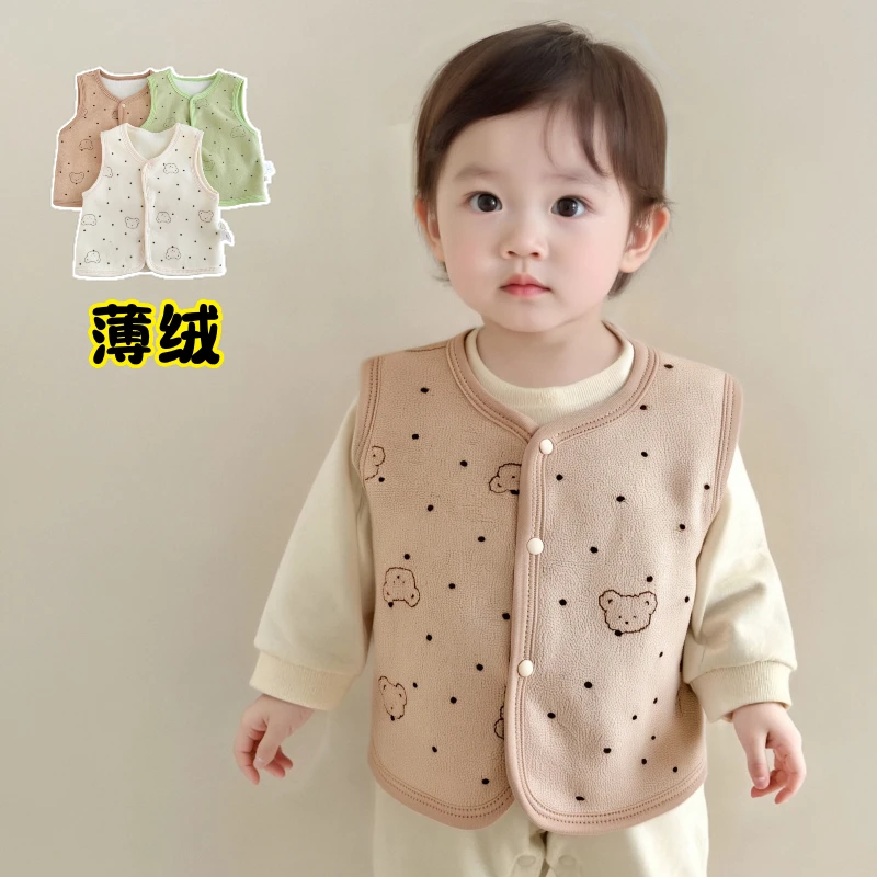 薄绒婴儿马甲婴幼儿春秋冬季卡通外套加绒小开衫男女宝宝外穿保暖