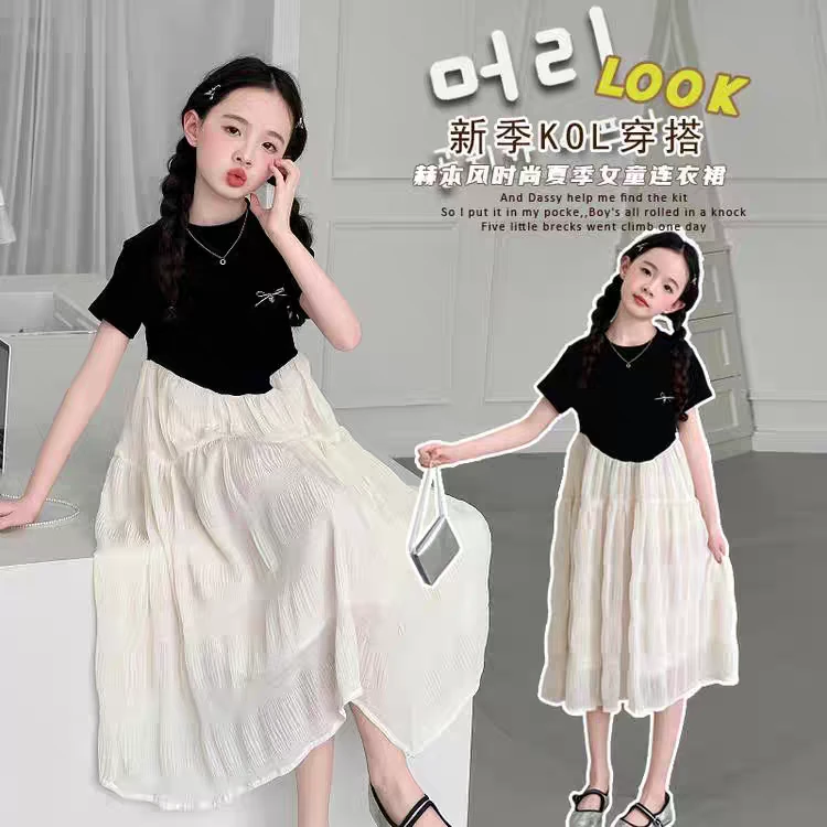 女童连衣裙2025夏新款中大童韩版时髦短袖公主裙赫本风裙子纱裙