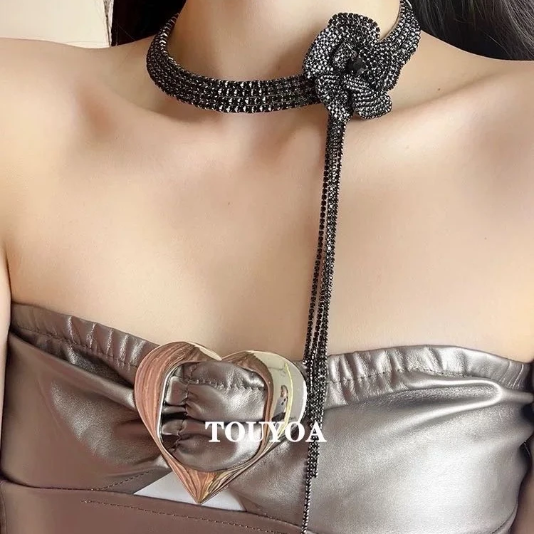 合金亚克力项链 JUDIAN-小众欧美满钻花朵流苏锁骨链8jd507493