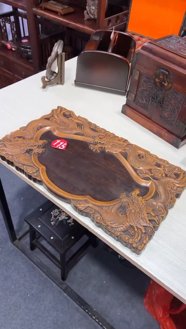 木刚*见木 檀木竹子雕刻祥云龙茶盘壶承