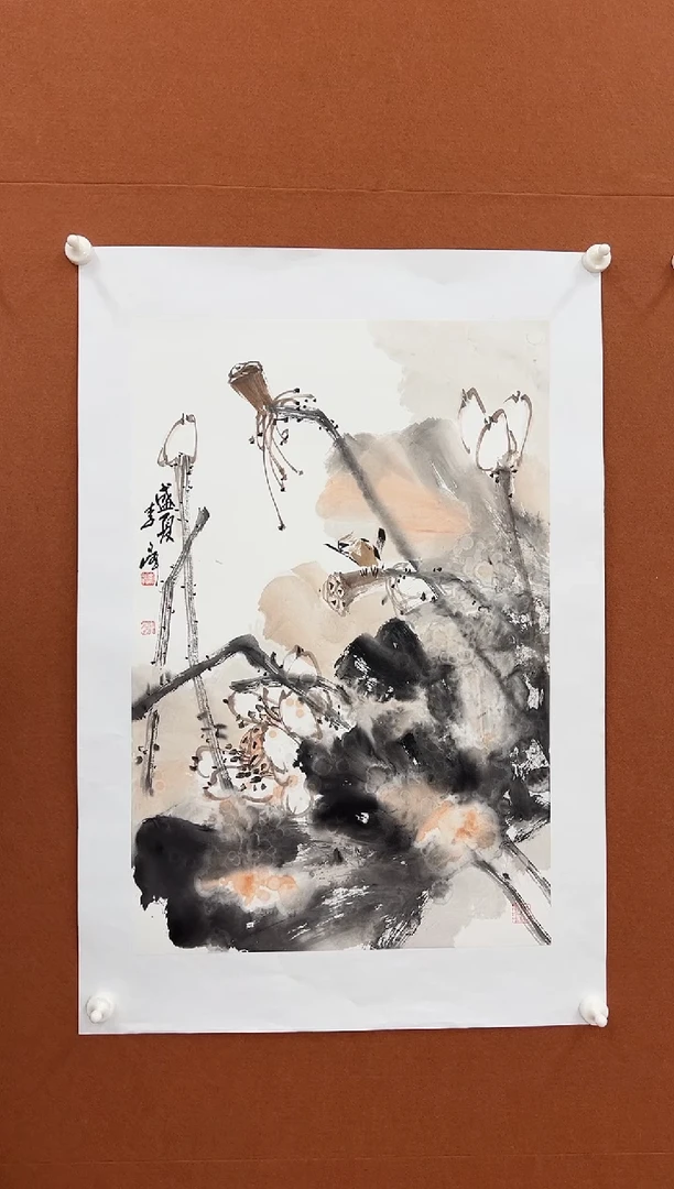 国画李文峰四尺三开泼彩荷花