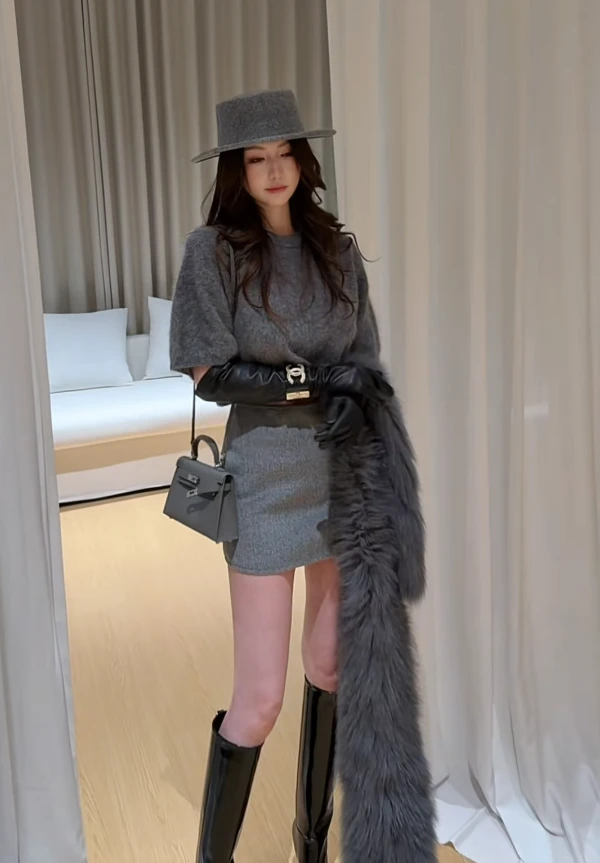 性感辣妹套装女秋冬季巨好看灰色针织衫毛衣上衣半身短裙子两件套