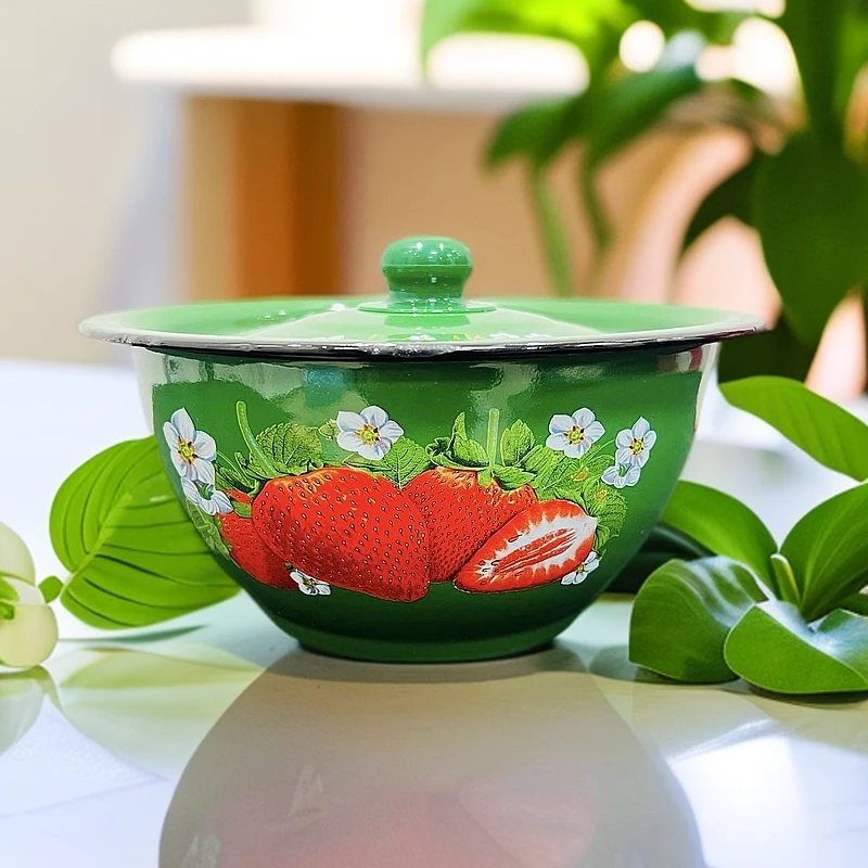 新疆包邮【22cm绿色菜锅】搪瓷盖碗加厚面碗带盖汤碗猪油盆泡面饭碗